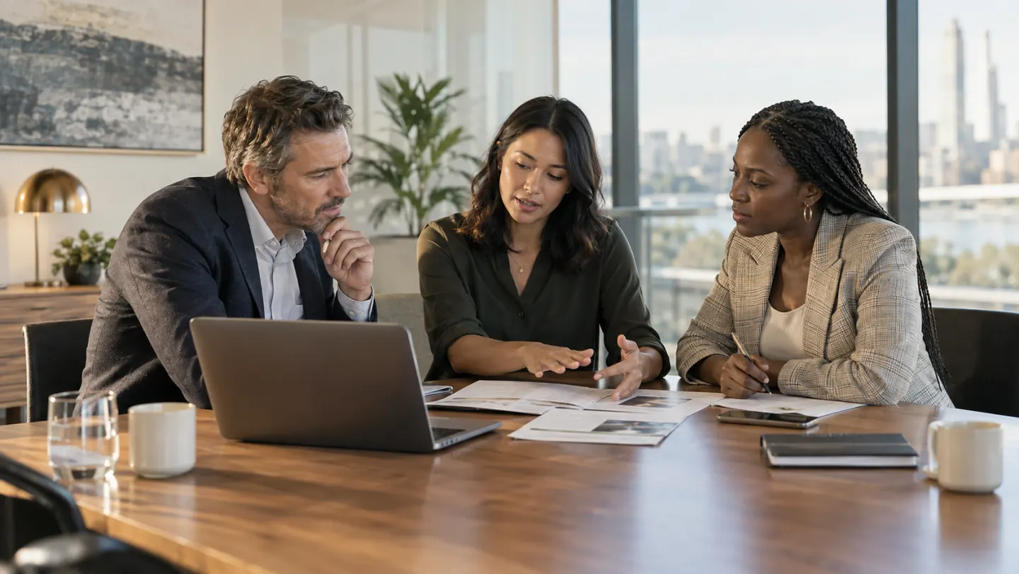 Three colleagues reviewing hiring plans together at a conference table