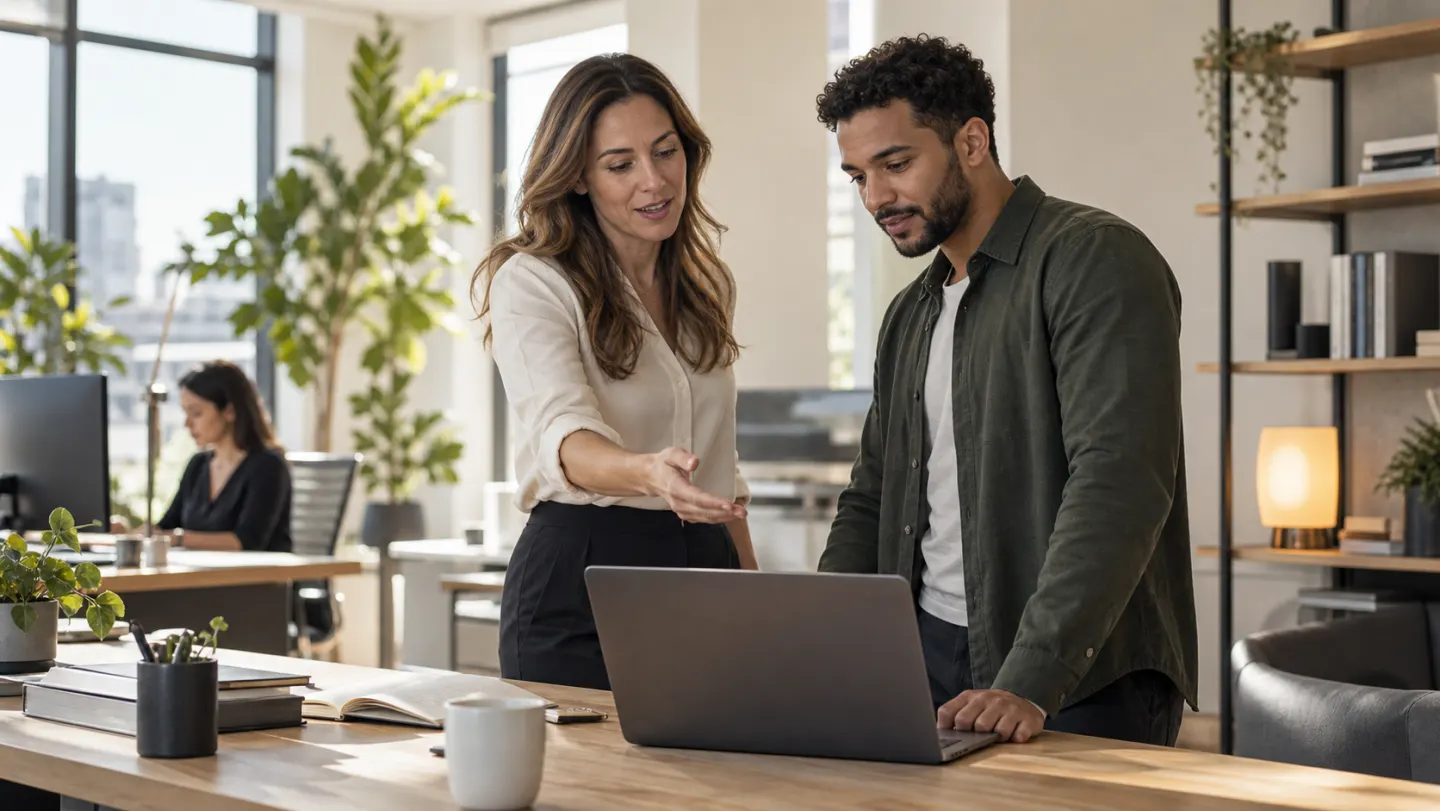 A manager welcoming a new colleague and walking through a laptop together