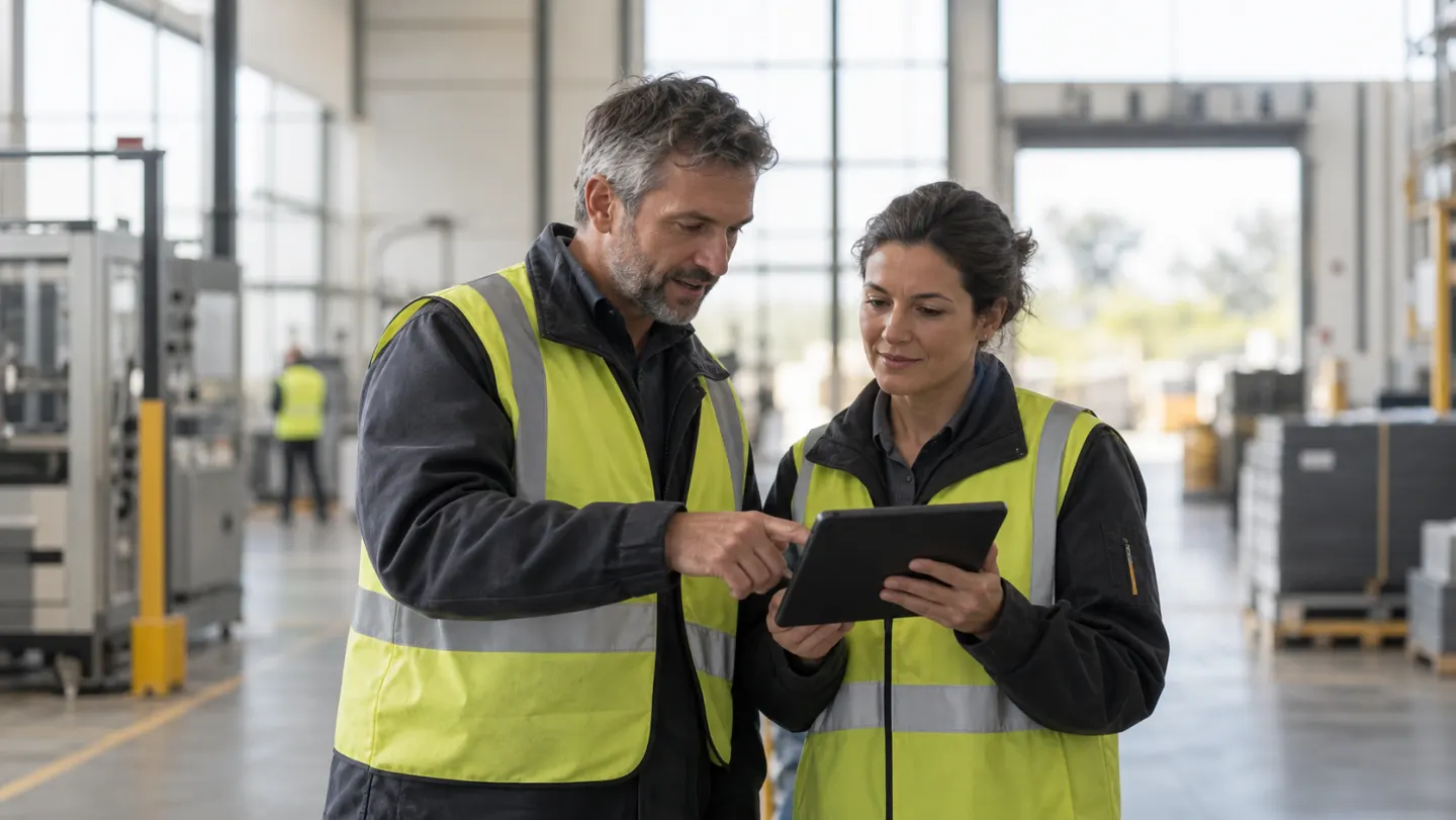 Two frontline workers in safety vests reviewing a tablet on a facility floor