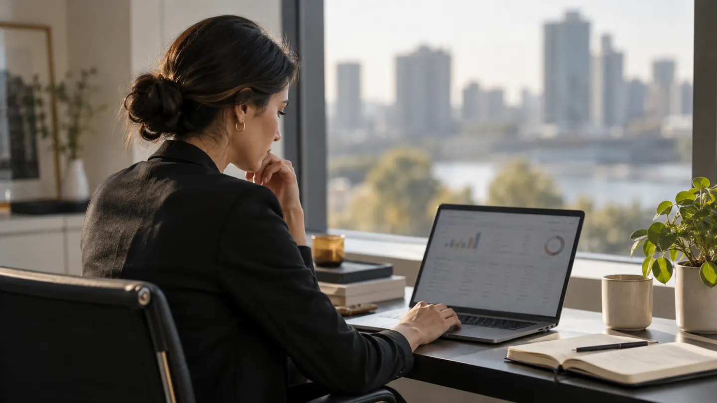 A professional reviewing hiring reports on a laptop beside a city window