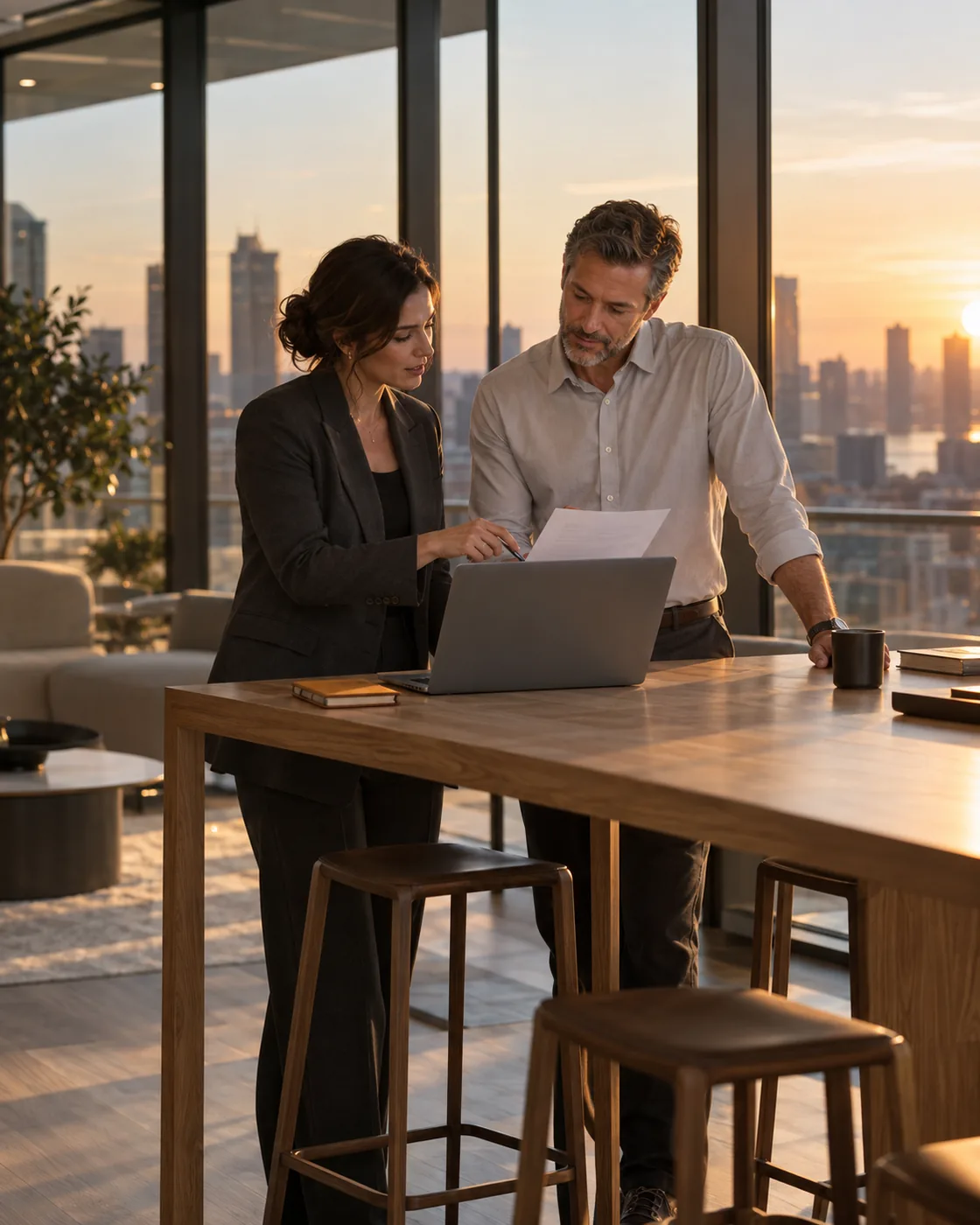 Two colleagues reviewing a laptop and a printed offer letter together by sunset office windows