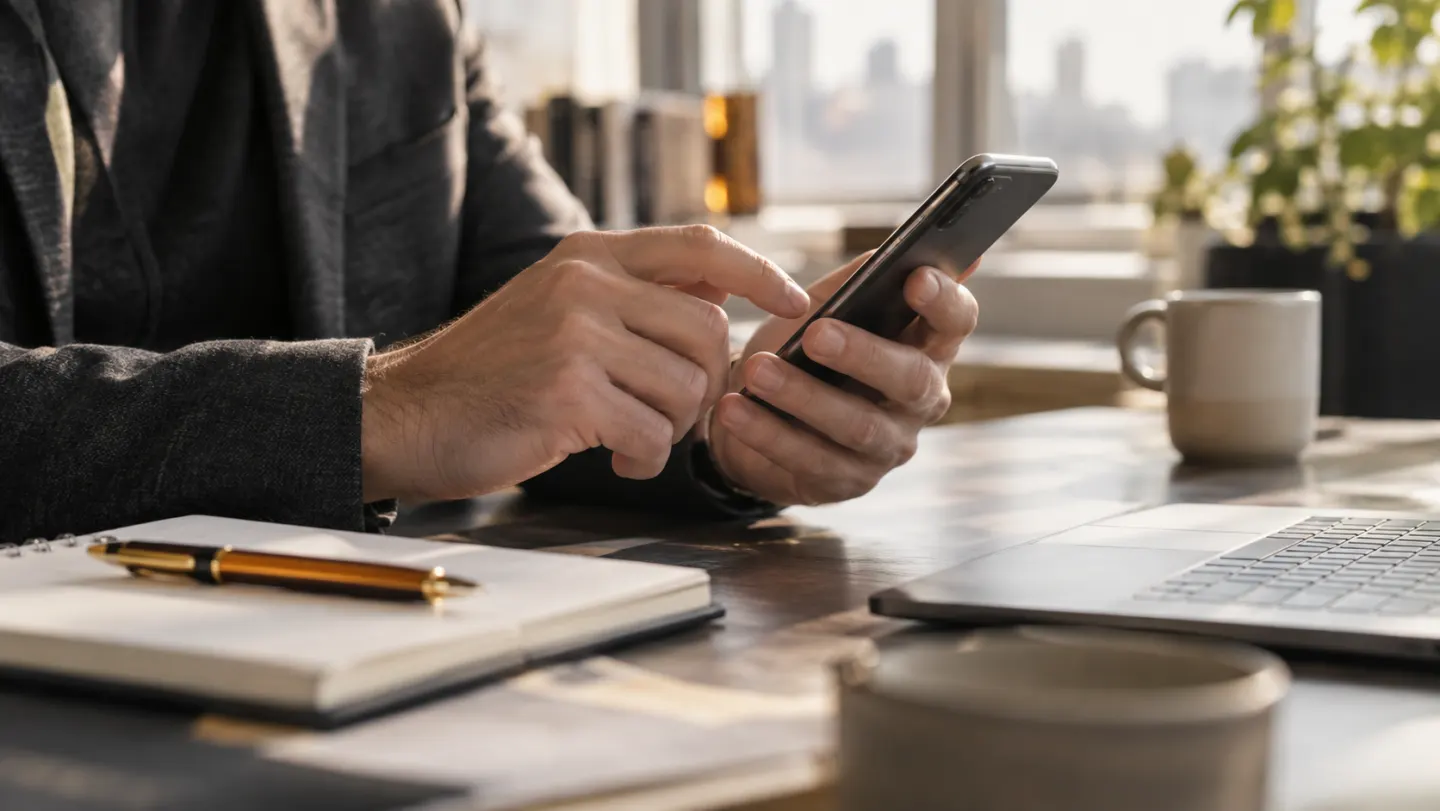 Close-up of hands sending a message on a phone at a desk by a window