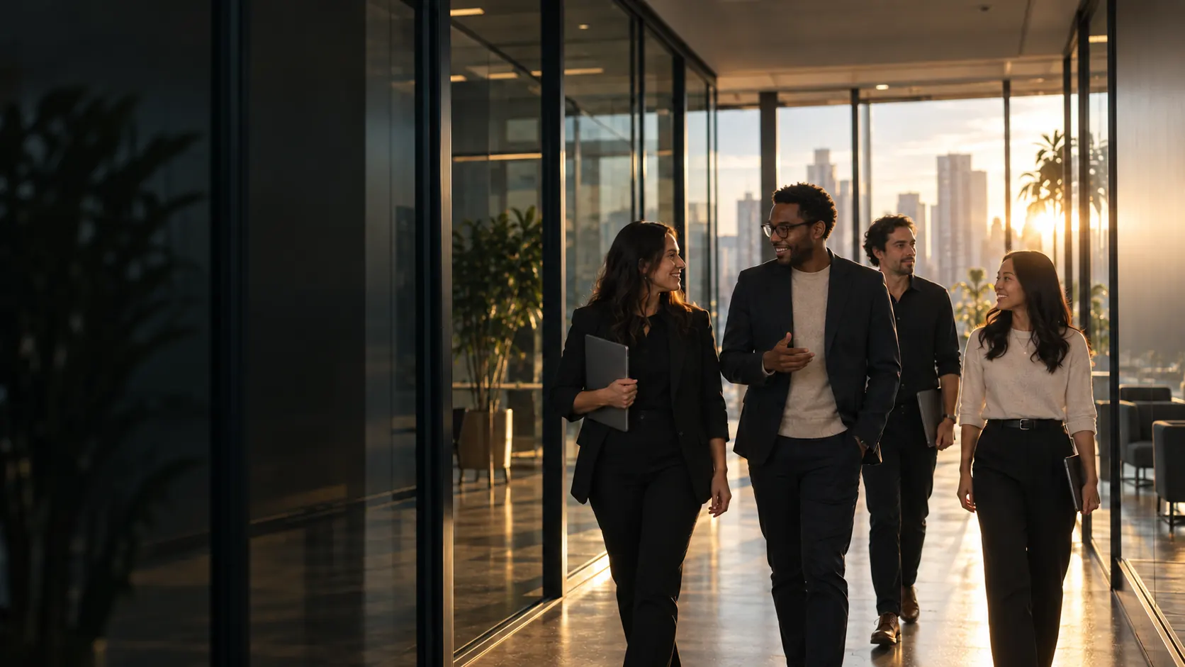 Colleagues in a glass-walled office at golden hour
